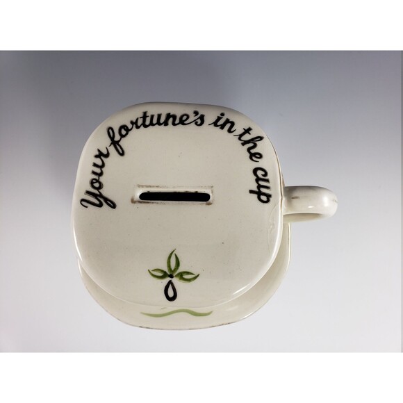 Tea Cup Shaped Coin Bank Your Fortunes in the Cup w Rooster Pennsylvania Dutch - Picture 7 of 10